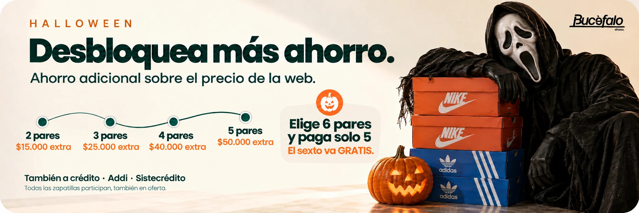 Desbloquea más ahorro: 2 zapatillas $15.000; 3 $25.000; 4 $40.000; 5 $50.000 de descuento total adicional. Elige 6 y paga 5.