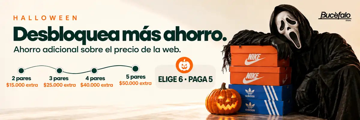 Desbloquea más ahorro: 2 zapatillas $15.000; 3 $25.000; 4 $40.000; 5 $50.000 de descuento total adicional. Elige 6 y paga 5.